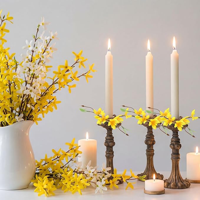Daifunli 2 Pcs Spring Candle Rings Faux Forsythia Flower Candle Rings 1.25 Inch Artificial Silk Yellow Forsythia Flower Farmhouse Wreath Candles Holder for Spring Summer Rustic Table Centerpiece Decor