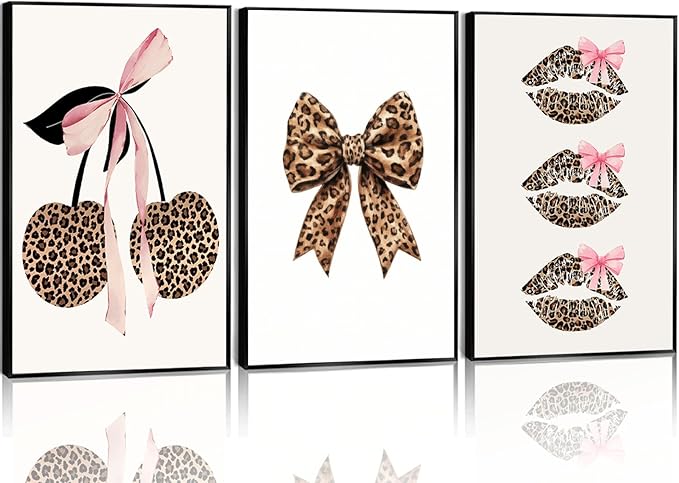 YZLYAD 3Pcs Trendy Leopard Print Wall Art,Fashion Bow Cherry Lips Y2k Poster Pictures,Stylish Preppy Aesthetics Girls' Rooms Canvas Wall Decor for Bedroom Dorm Apartment.24x16in Unframe