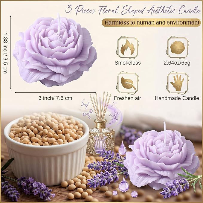 Roowest 3 Pcs Flower Shape Trendy Candles Floral Shaped Aesthetic Candle Soy Wax Handmade Minimalism Decorative for Home Spa Yoga Decor Art Gift (Purple)