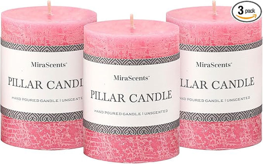 3x4 Inch Pink Pillar Candles Set of 3 - Hand-Poured Unscented Candles, Long Clean Burning, Smokeless Dripless Candle for Dinner Table, Home, Bathroom, Wedding, Valentines Day Decor