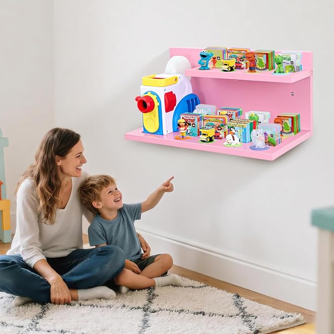 PHOENANCEE Floating Shelves for Little Tikes Story Dream Machine,Wall Shelf for Little Tikes Projector Books Audio Play Character Storage Tray Organizer for Toddlers and Kids Girls Boys,Pine(Pink)
