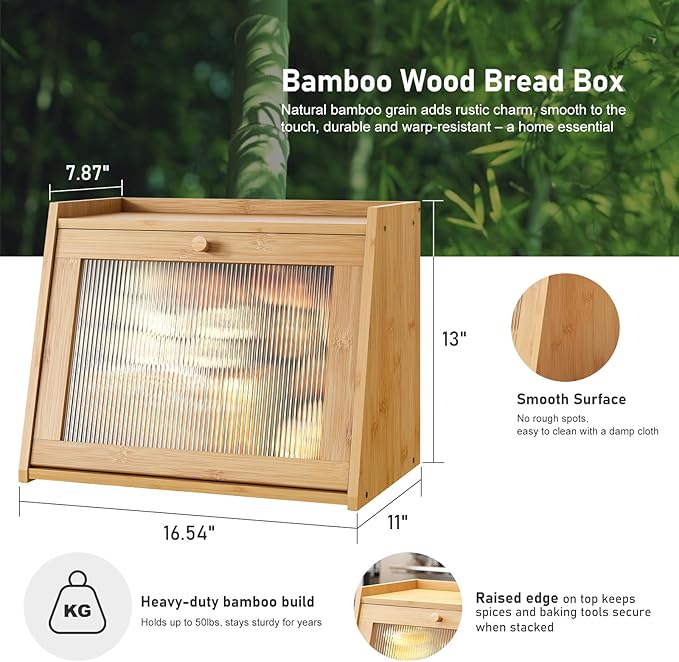 kiplant Large Bread Box for Kitchen Counter, Bamboo Bread Storage Container with Wavy Arcylic Transparent Door, Bamboo Wooden Farmhouse Bread Box for Your House