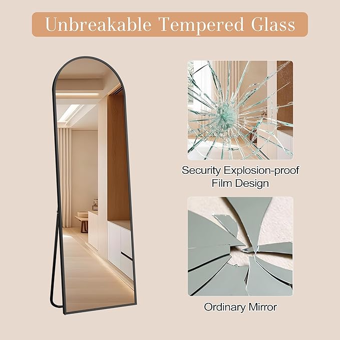 GlasFlength Arched Full Length Mirror, 58"x18" Full Body Floor Mirror with Stand for Bedroom & Cloakroom, Black