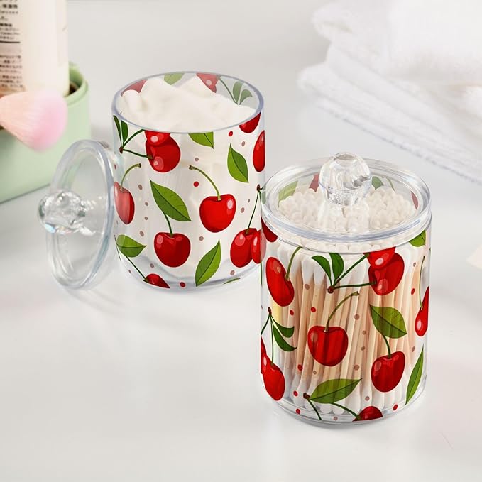 2 Pack Qtip Holder Dispenser for Cotton Ball Cherry Fruits Cotton Swab Round Pads Clear Plastic Acrylic Jar Set Bathroom Canister