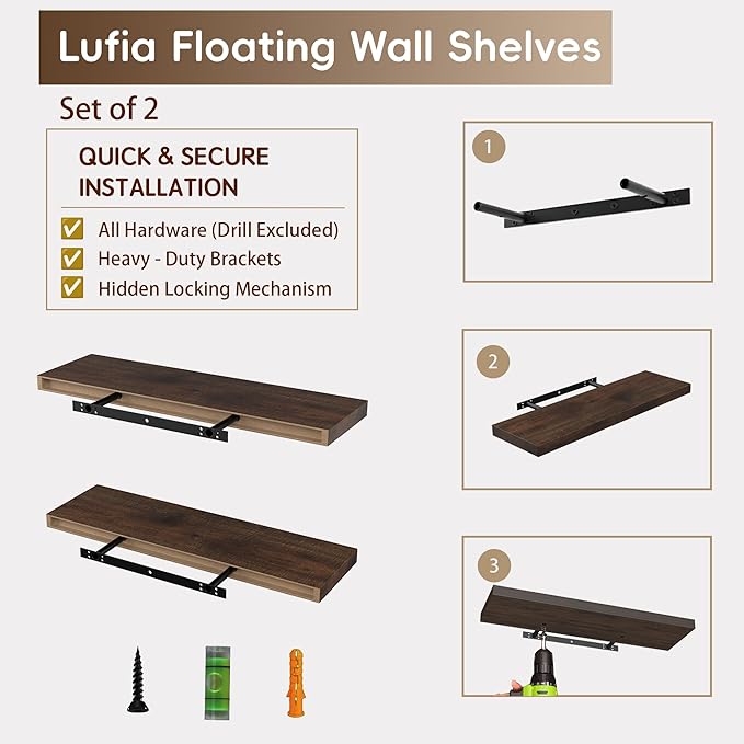 Lufia Floating Wall Shelves, Set of 2, MDF with Invisible Brackets, Modern Storage for Bedroom, Bathroom, Living Room, Kitchen (Rustic Brown, 24" W x 7" D x 1.5" H)