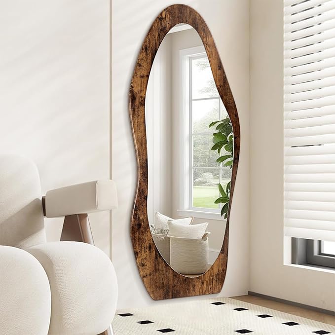 Full Length Mirror 59" x 24" Irregular Wall Mirrors Wood Framed Full Body Mirror Hanging or Leaning Against Wavy Floor Mirrors for Living Room Bedroom Entryway Bathroom Retro Brown