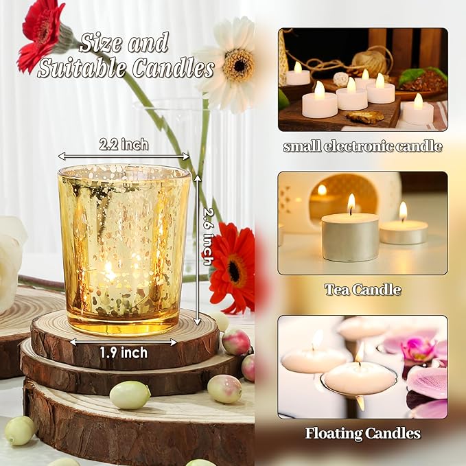 UPBUD Gold Votive Candle Holders Set of 24, Speckled Mercury Candle Holders for Wedding Gold Centerpiece Table Decorations, Tealight Candle Holder for Party Bridal Shower Decor, Home Decor