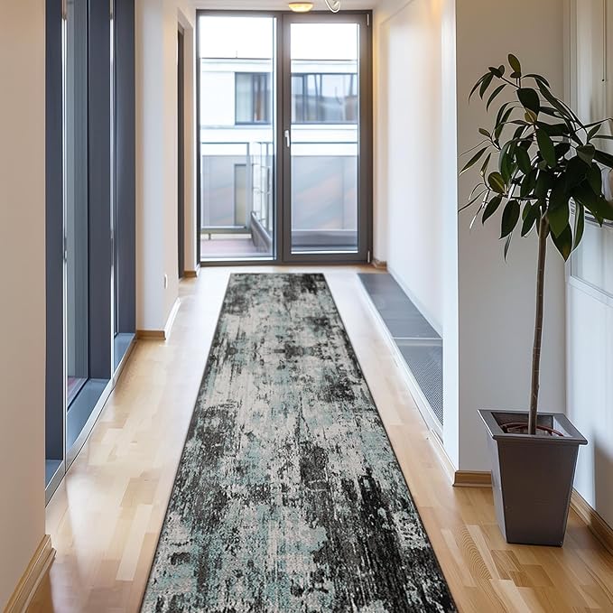 RELEANY Washable Area Rugs 2'x10' Non-Slip Modern Abstract Soft for Living Room Entryway Bedroom Nursery, Print Pattern, Blue Black Teal