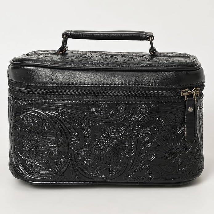 American Darling Western Hand Tooled Leather Jewelry Case | Handcrafted Travel Makeup Bag with Handle and Divided Interior