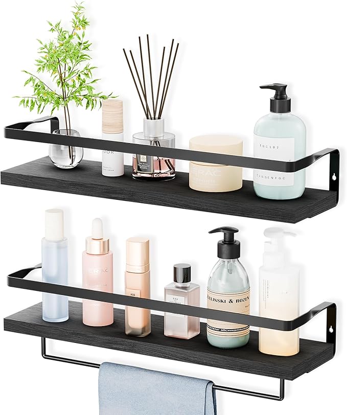 Bathroom Shelves with Towel Bar,Floating Shelves for Bathroom, Kitchen, Bedroom, Paulownia Wood, Matte Black Metal Frame - Set of 2 (Black)