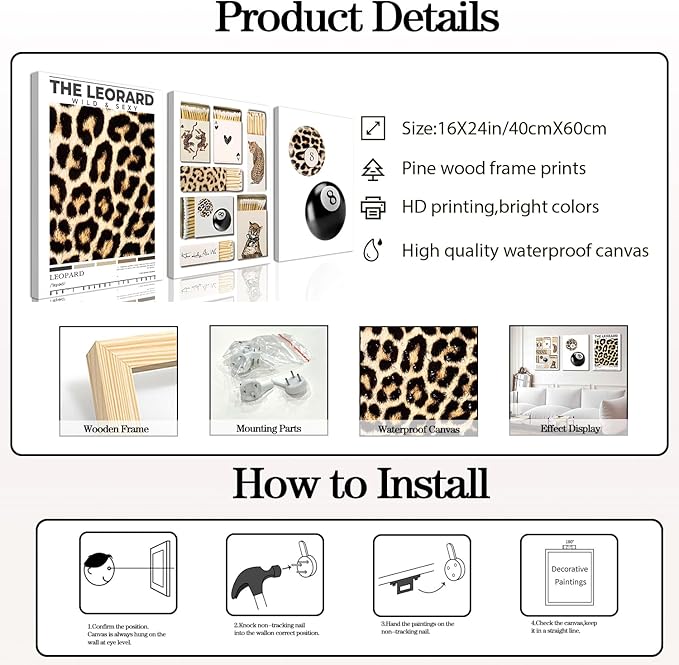 Framed Trendy Leopard Canvas Wall Art Set of 3, Preppy Cheetah Lucky 8 Ball Pictures Wall Decor Prints, Funky Y2K Paintings Girly Aesthetic Home Decor for Living Room Bedroom Dorm 16x24 inch