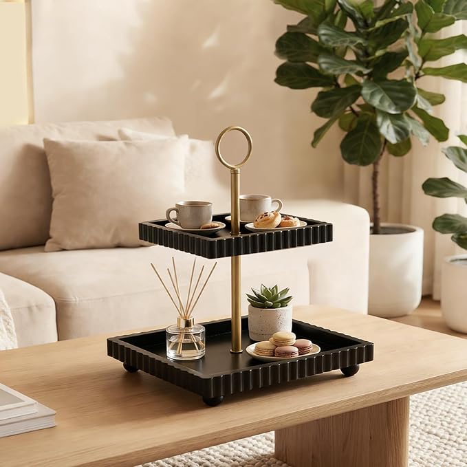Wooden Two Tiered Tray Stand for Decor, Modern 2 Tier Black Rectangular Decorative Tray with Gold Handle Farmhouse Countertop Serving Display Stand for Home Kitchen Coffee Bar Table Centerpiece