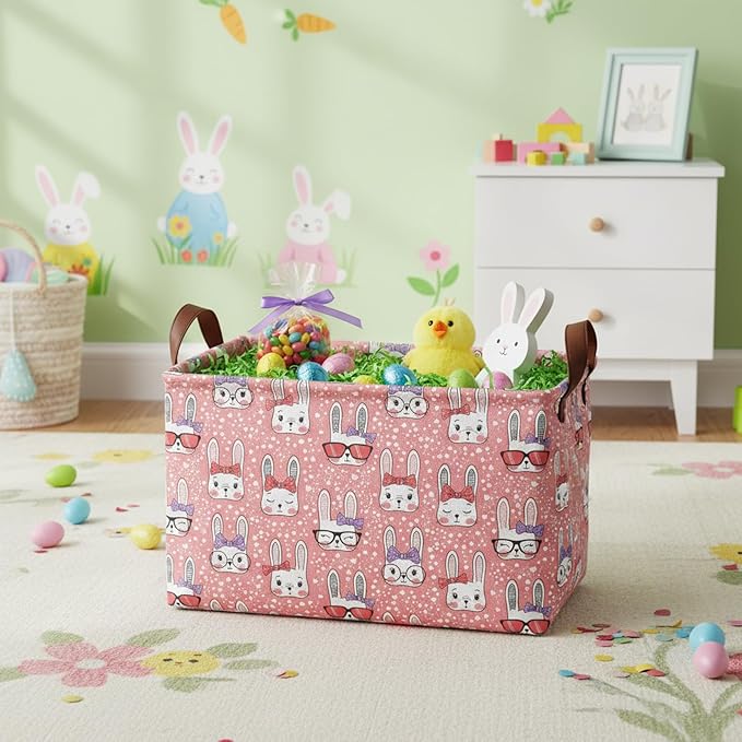 Large Rectangular Cute Kid Easter Basket Empty Bunny Eggs Easter Basket Gift Spring Room Storage Organizer Décor (E-13)