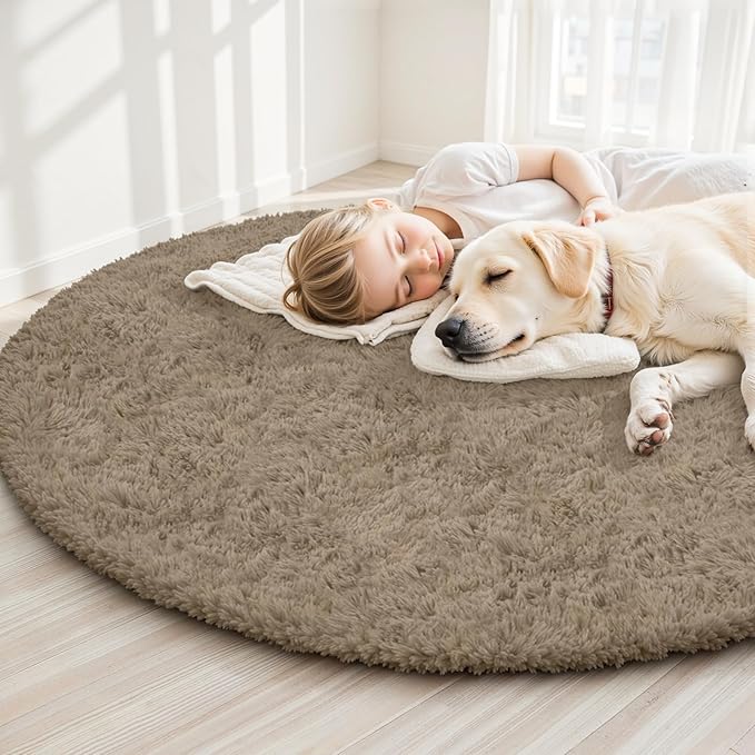 Gray Camel Round Fluffy Rug 6ft,Soft Bedroom Circle Rugs Mats for Kids Girls Nursery Room,Washable Plush Shaggy Indoor Non Slip Rug for Bedside Living Room Bedroom Circular Carpet,Home Decor Aesthetic