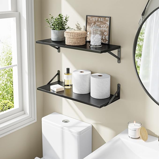 Fixwal Floating Shelves for Wall, 24 Inch Wide x 10 Inch Deep Black Shelves for Bedroom, Large Wall Shelf for Living Room, Kitchen, Bathroom, Laundry Room and Decor Storage (Set of 2)
