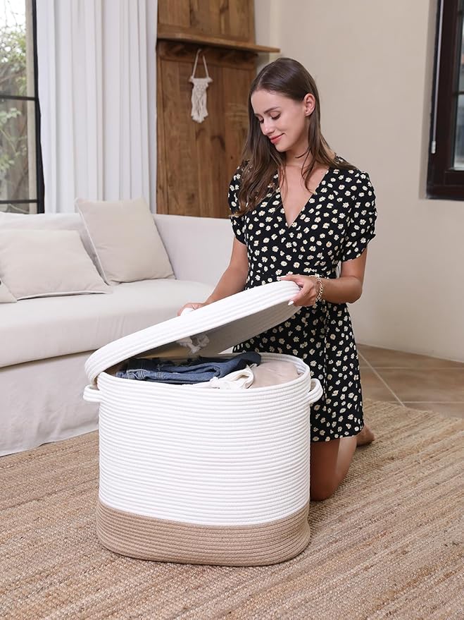 22"x14"x18" Rectangular Extra Large Storage Basket With Lid, Large Cotton Rope Storage Basket, Woven Laundry Hamper, Cloth Storage Bin, for Clothes Towels Blankets in Living Room, White/Jute Bottom