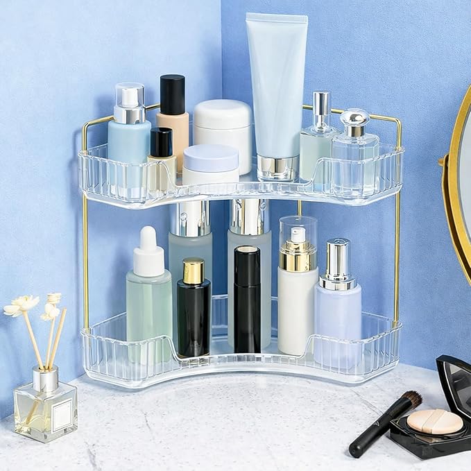 Multi-Tier Corner Countertop Organizer Rack, 3-Tier 90° Space-Saving Bathroom Counter Organizer, Tool-Free Makeup and Skincare Shelf for Vanity, Dresser, Kitchen and Toiletries (Clear-2tier)