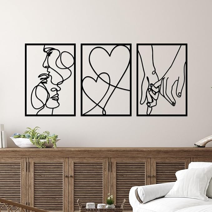 3 Pieces Metal Minimalist Line Wall Art, Valentine's Day Lover Kiss Hand Metal Wall Decor, Aesthetic Modern Home Hanging Wall Art Decor for Bedroom Bathroom Living Room