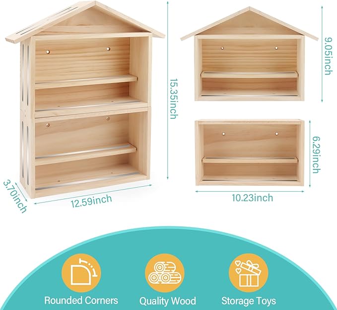 House Wooden Shelf for Tonies Box Storage Magnetic, Compatible with 15~30 Tonies Figures Characters, Combined or Split-Type Design, Wall-Mounted + Tabletop Placement