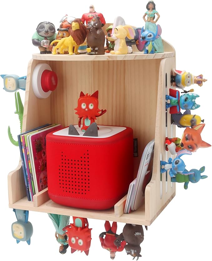 for Toniebox 1/2 Storage Shelf Display for 40–50 Tonies Figures Characters, Holds for Tonieplay Story Game Controller Accessories, Wooden Magnetic Organizer with Charging Access, Wall Mount+Desktop