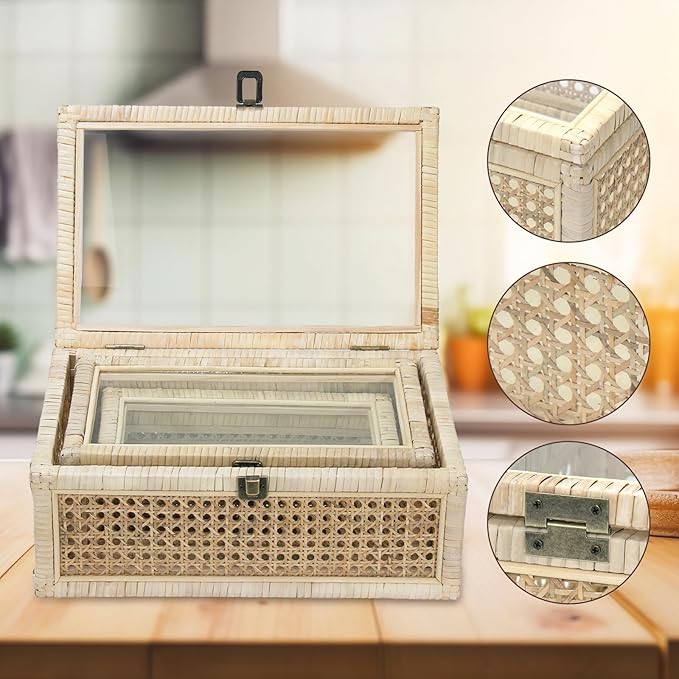 Boho Rattan Display Boxes with Glass Lids, 3 Pcs Large Natural Handwoven Cane Basket, Home Decor Organizers Storage Bins, Natural Finish Display Boxes
