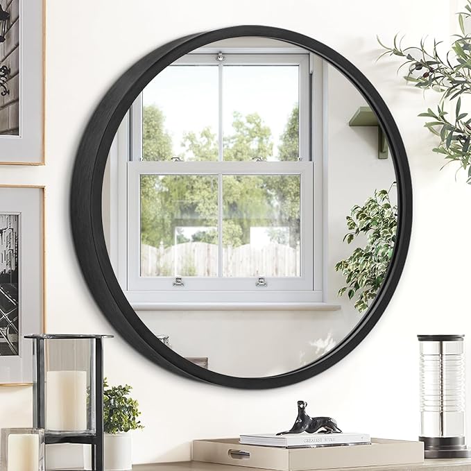 JJUUYOU Circle Wall Mirror 20 Inch for Home Decor Black Round Mirror for Bathroom Wall Mounted Metal Aluminum Frame Vanity Mirror for Living Room, Bedroom, Washroom, Dorm