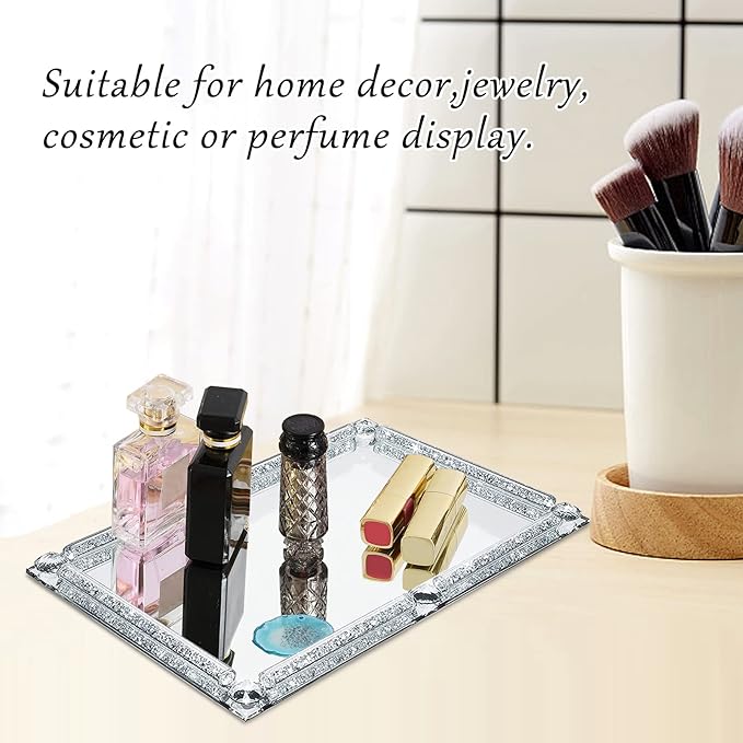 Crystal Glass Tray, Modern Mirror Jewelry Dresser Trinket Trays with Crushed Diamond, 11.8" x 7.9"Rectangular Makeup Perfume Tray for Bathroom Bedroom, Home Decor, Hotel Banquet, Party(Silver)