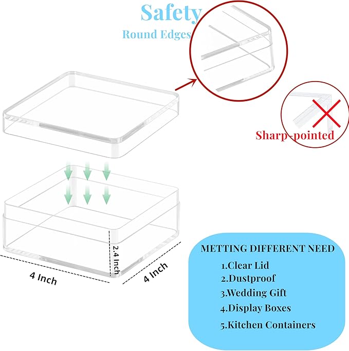 KissYou Acrylic Box Clear Display Boxes with Lids 4 Packs Square Cube Jewelry Storage Box Graduation Wedding Birthday Party Candy Boxes