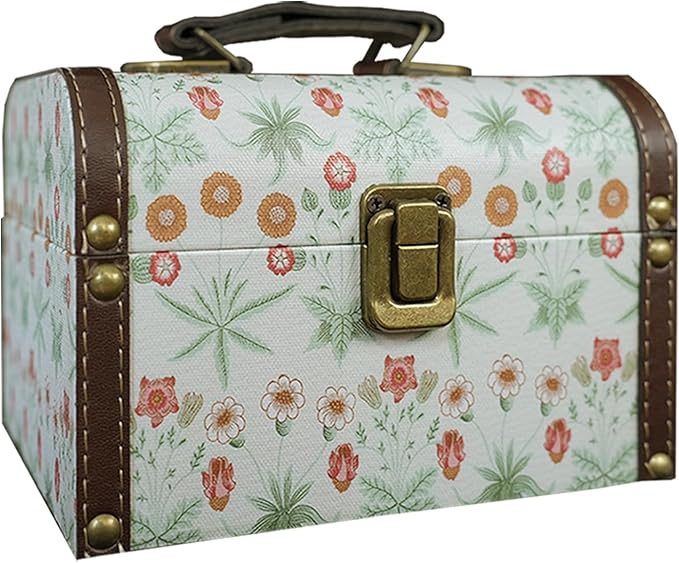 Vintage Decorative Storage Box with Handle, Retro Floral William Morris Keepsake Organizer Chest for Jewelry, Trinkets, Gift Packaging and Home Decor, 7 x 5.6 x 4.7 Inch