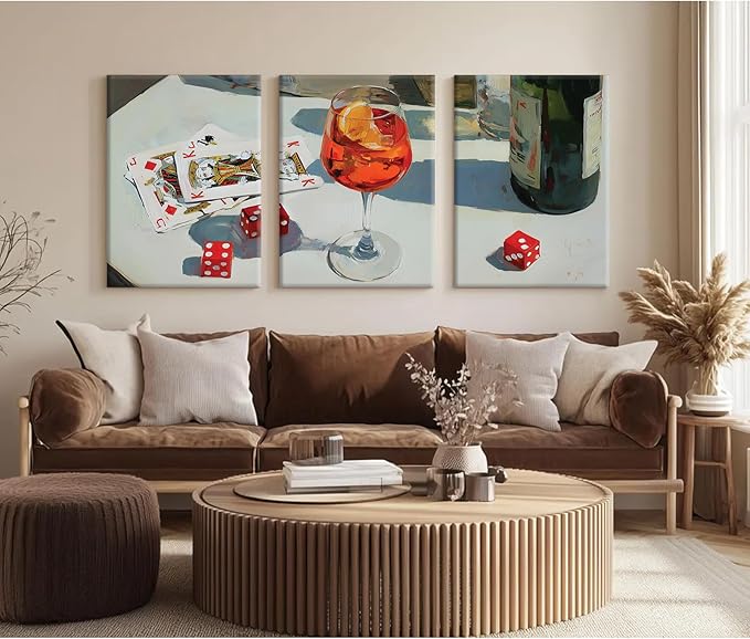 Trendy Bar Cart Wall Art Retro Dice Poker Canvas Wall Decor Preppy Aesthetic Poster Y2k Aperol Spritz Prints Playing Card Pictures for Living Room Apartment Dorm 12x16 Inch Ready to Hang Set of 3