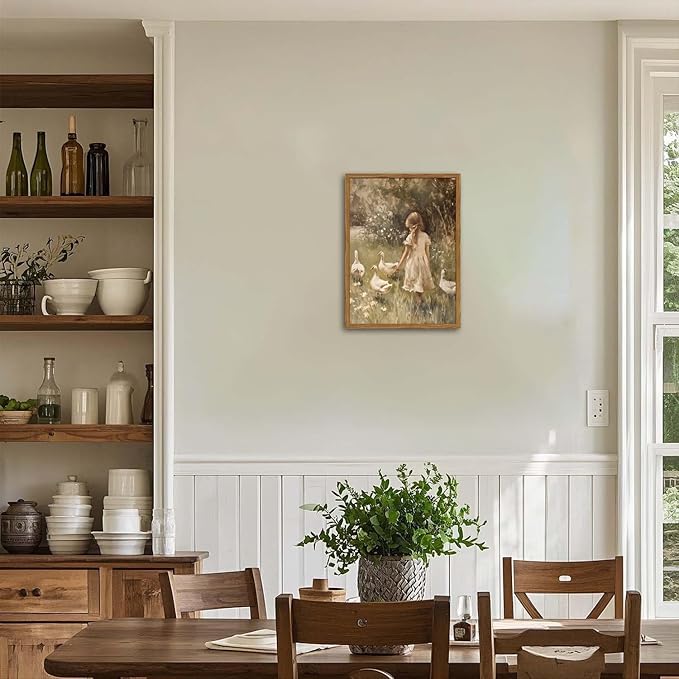 Framed Vintage Wall Art, Rustic Cute Girl with Duck Pictures Wall Decor, Farmhouse Cottagecore Paintings Country Nature Animal Canvas Prints for Living Room Bedroom Home 12x16 inch