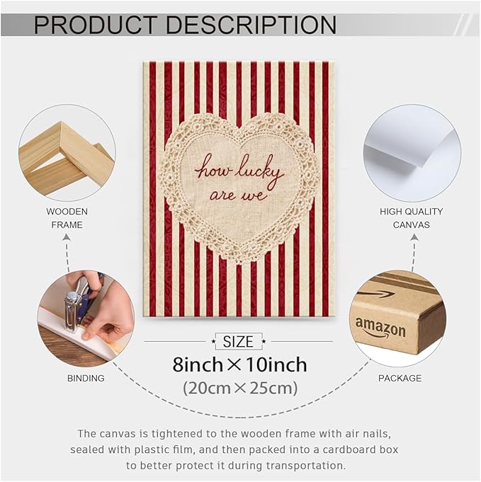 How Lucky Are We Wall Art Red Stripe Affirmation Quotes Poster Coquette Love Lace Heart Canvas Print Fashion Preppy Aesthetic Wall Decor Valentines Day Couple Gift 08x10 inch Wood Framed