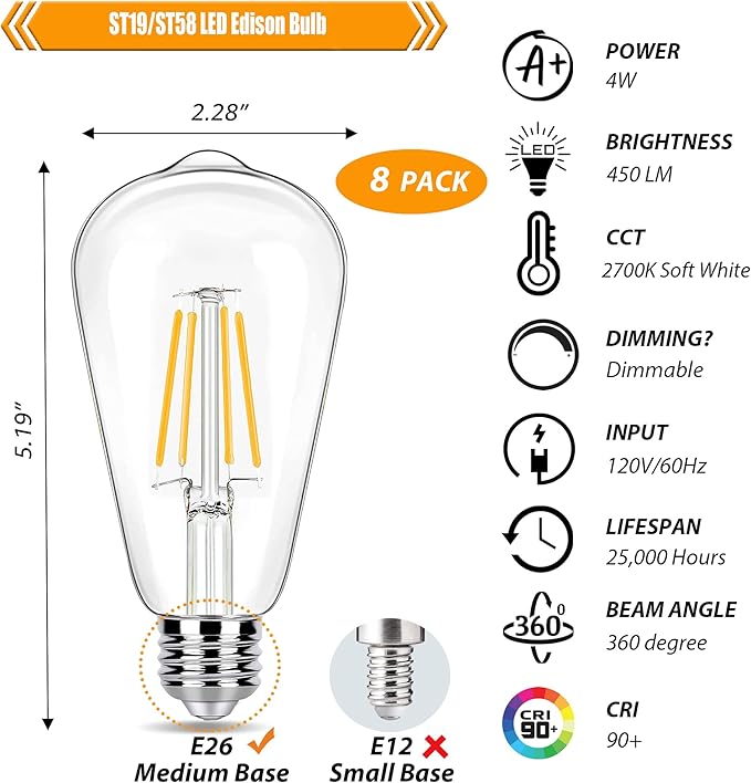 8 Pack Dimmable LED Edison Bulbs 40W Equivalent, 4W ST19 LED Light Bulbs for Ceiling Lighting Fixtures, 90 CRI, 450LM, E26 Base, 2700K Soft Warm White