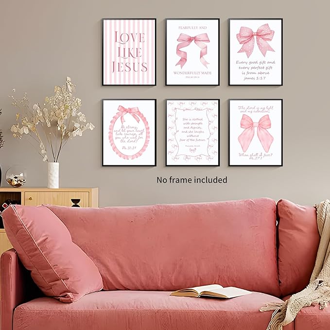 3 Piece Pink Bows Wall Art for Girls Room, Bible Verse Pictures Bathroom Decor, Coquette Posters Prints, Cute Teen Room Decoration, Dorm Decor for College, College Gifts for Girls 8x10 Inch