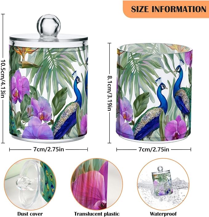 2 Pack Apothecary Jars Purple Flowers Peacocks Bathroom Vanity Storage Organizer Set,Small Clear Plastic Storage Jars Bathroom Canister for Cotton Swabs, Rounds, Balls, Qtips,Makeup Sponges, Fl