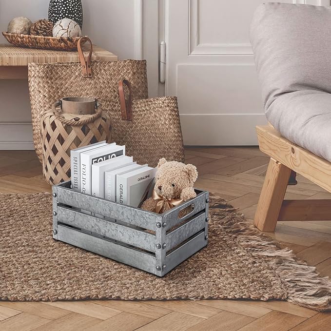 MyGift 16-inch Rustic Silver Galvanized Metal Storage Crate Display Box with Vintage Corner Studs & Handles