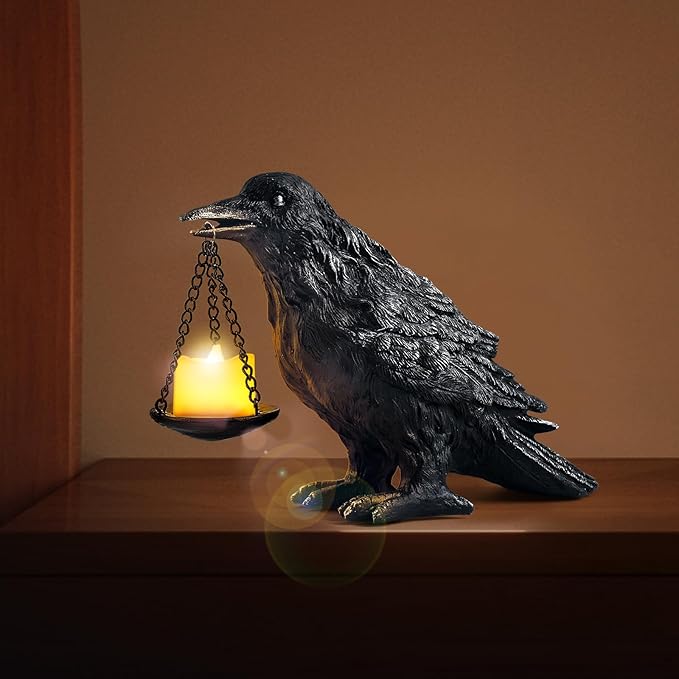 Gothic Crow Lamp with Tealight Candle Holder Resin Raven Decor Statue Gothic Home Decor for Bedroom Unique Goth Gifts Wearing Silver