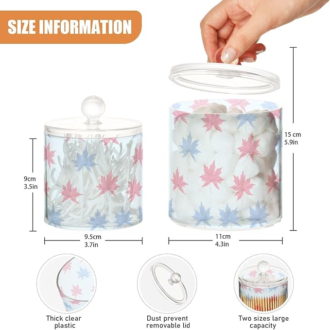 Boho Simple Style Maples Clear Plastic Makeup Organizer Storage with lid Dresser Essentials Decorative Dental floss storage jar for Cotton Swabs,Cotton Pads,Floss Picks,Paper Clips,Hair Clips