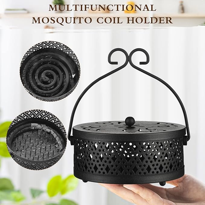 4 Pieces Mosquito Coil Holder Incense Coil Holder Round Retro Portable Metal Hanging Incense Burner with Handle for Home Camping Indoor Outdoor Patio(Black)