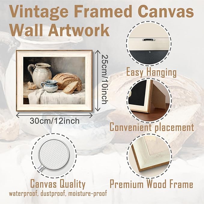 ASTRDECOR Framed Kitchen Wall Art, Modern Muted Still Life Painting Farmhouse Wall Decor, Sourdough Bread Canvas Wall Art Prints, Rustic Jars White Tablecloth Country Wall Decor Living Room-10''x 12''