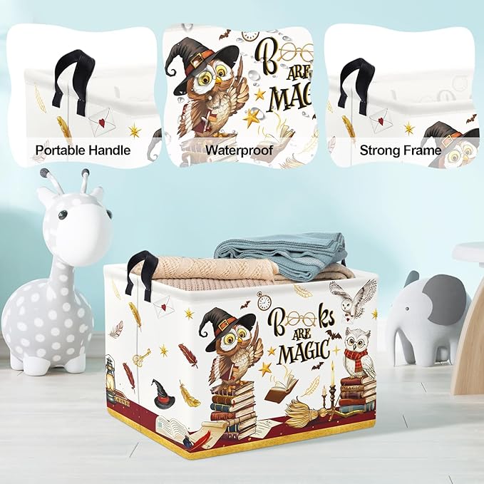 Clastyle Magic Nursery Decor Baby Basket Large Brown Feather Wand Hat Toy Box Broomstick Owl Kid Gift Book Shelf Basket Collapsible Clothes Organizer Bin, Hat, 40x30x30 cm