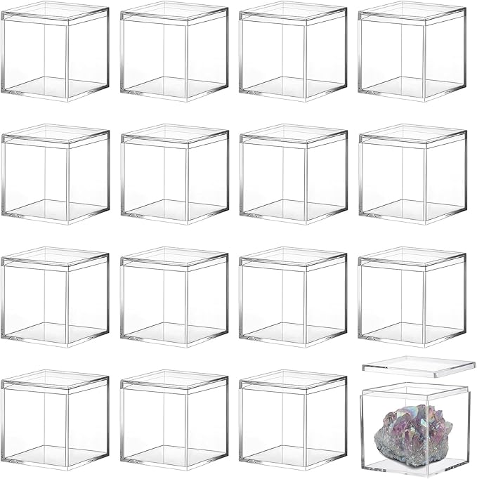 16 Pcs Clear Small Acrylic Box Plastic Acrylic Square Cube with Lid, 2.36×2.36×2.36 inches Gifts Box Storage Containers Display Box for Cosmetics, Jewelry, Party Favors, Makeup, and Tiny Item