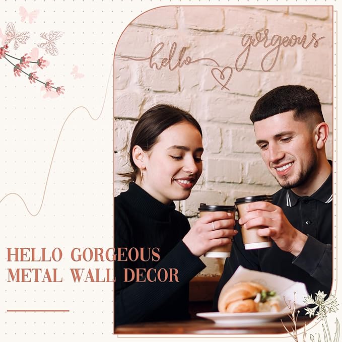 Hicarer Hello Gorgeous Metal Wall Art Decor Minimalist Decoration Metal Hello Gorgeous Decorative Sign for Living Room Office Bedroom Hotel Home Wall Decoration(Rose Gold,Classic Style)