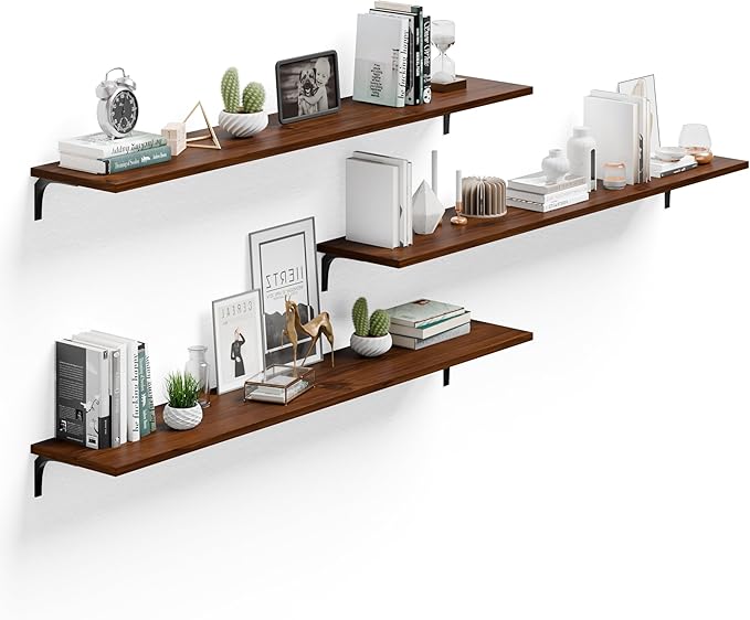 12 Inch Deep Floating Shelves Set of 3, 60 Inch Extra Wide Rustic Walnut Solid Wood Wall Shelves, 5ft Heavy Duty Farmhouse Wall Mounted Shelving for Kitchen, Living Room & Bedroom