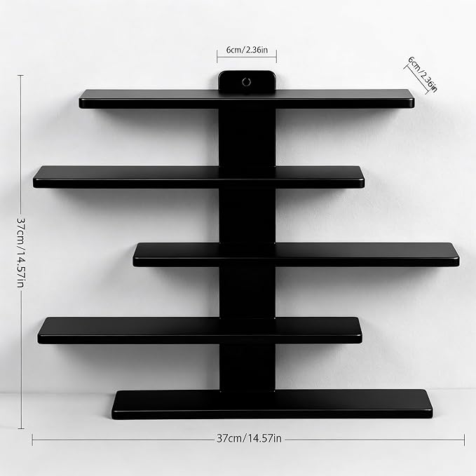 No Drill Floating Shelf for Wall, 5-Tier Wall Mounted Organizer, Damage-Free Display Shelf for Collectibles, Figures, Bathroom Kitchen Storage, Black