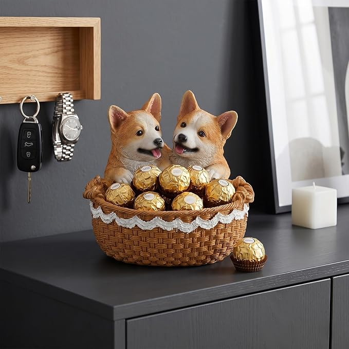 Dog Resin Storage Basket, Desktop Organizer for Remote & Keys, Cute Home Decor Tray, Ideal present for Pet Lovers.(Dual Corgi)