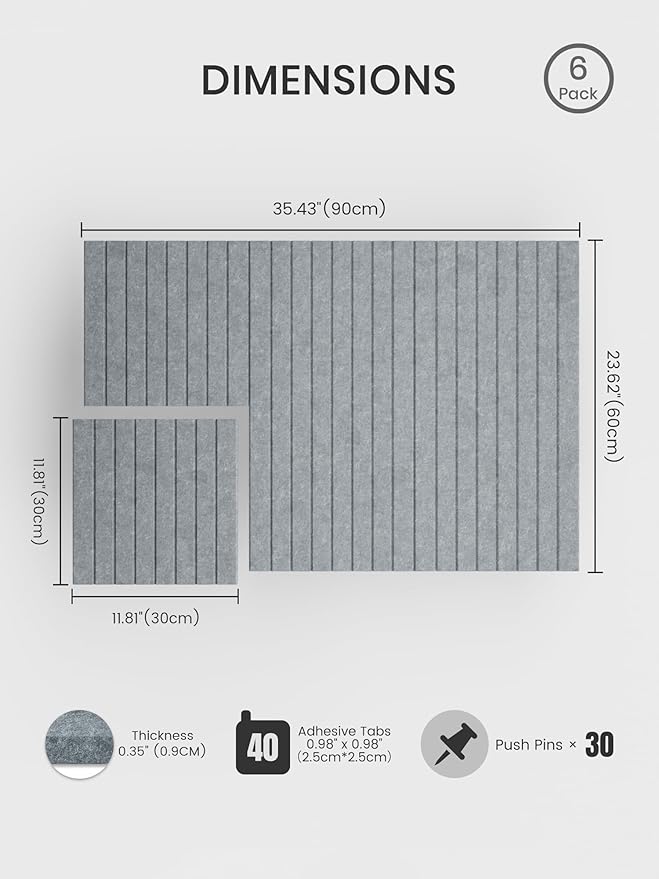 Bumusty Large Cork Board Alternative-36 x 24" Felt Bulletin Board Tiles, with 30 Pushpins, 40 Adhesive Tabs, Fine-Stripe 6-Pack, Cork Boards for Office Push Pin Board Felt Board-Blue Gray