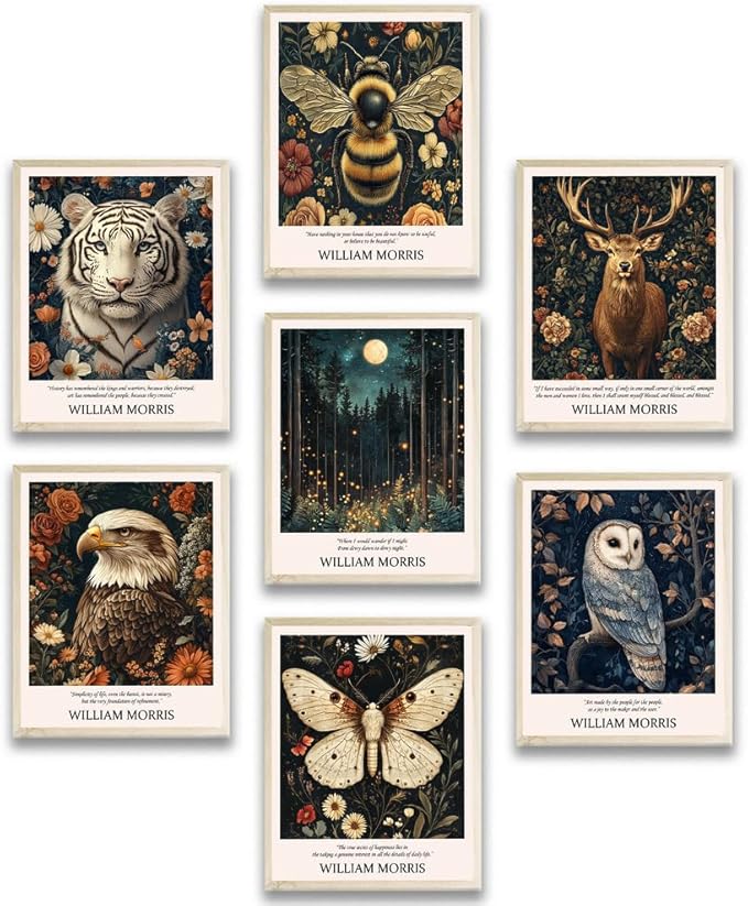 Eastern Print William Morris Wall Art Set Of 7 Prints, Vintage Animal Artwork For Walls Living Room And Bedroom, Colorful Posters For Room Aesthetic, Nature Botanical Wall Decor, Unframed 8x10 Inches