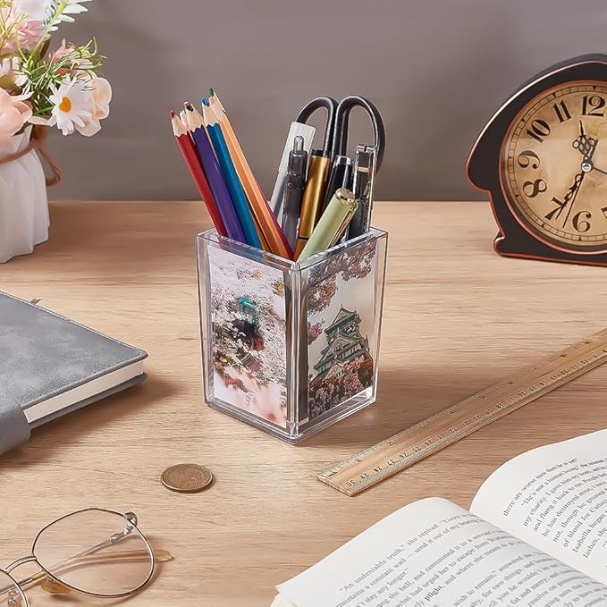 FINGERINSPIRE 2 Pack Photo Pen Holder Small Picture Mini Cute Display Holder 2x3 Instant Photos Clear Acrylic Frame 4-Sided Photo Cube for Photos Display Office Desk Organizer