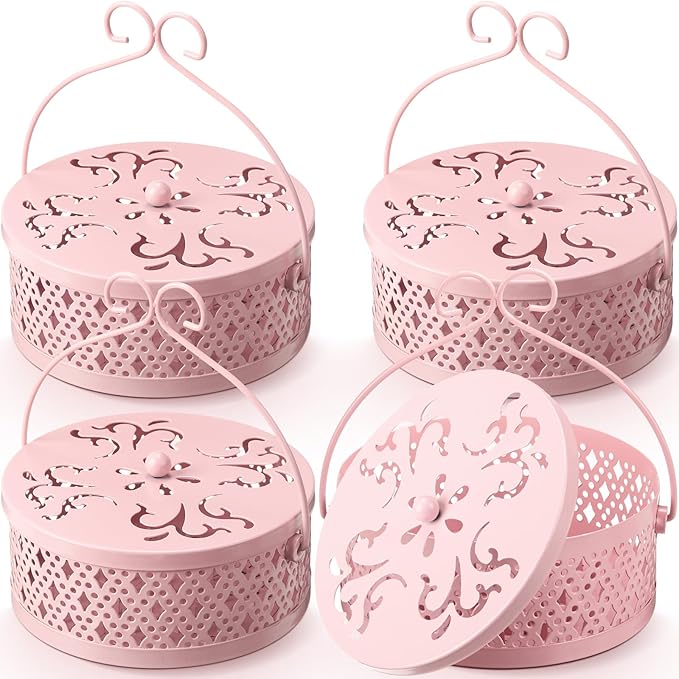 4 Pieces Mosquito Coil Holder Incense Coil Holder Round Retro Portable Metal Hanging Incense Burner with Handle for Home Camping Indoor Outdoor Patio(Pink)